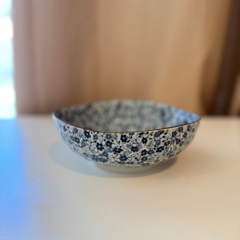 Japanese Blue White Calico Floral Ceramic Bowl Footed Chintz Pattern
